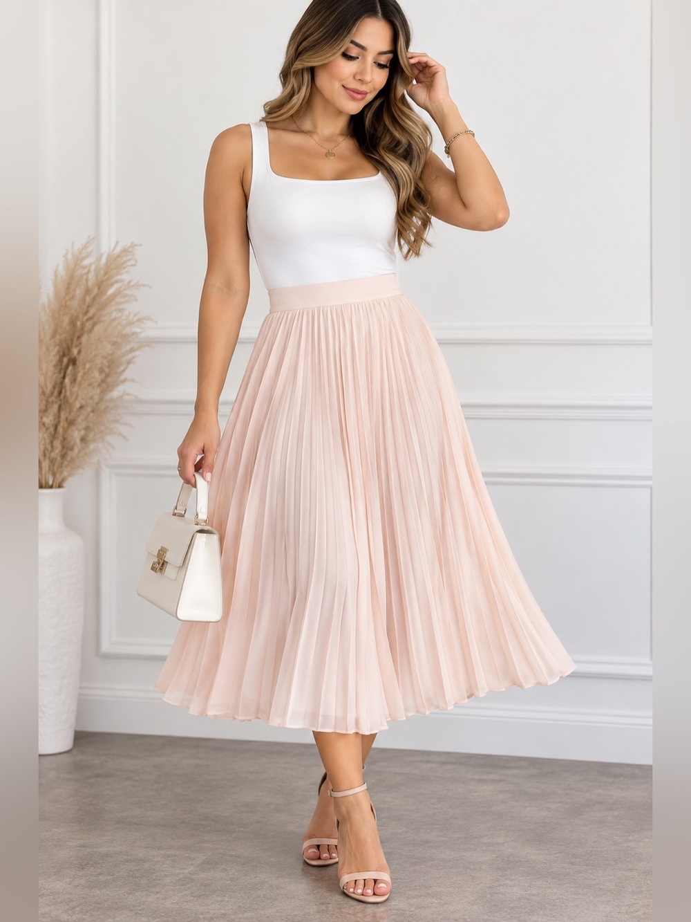 SHEIN Blush Pink Pleated Midi Skirt High Waist Size S